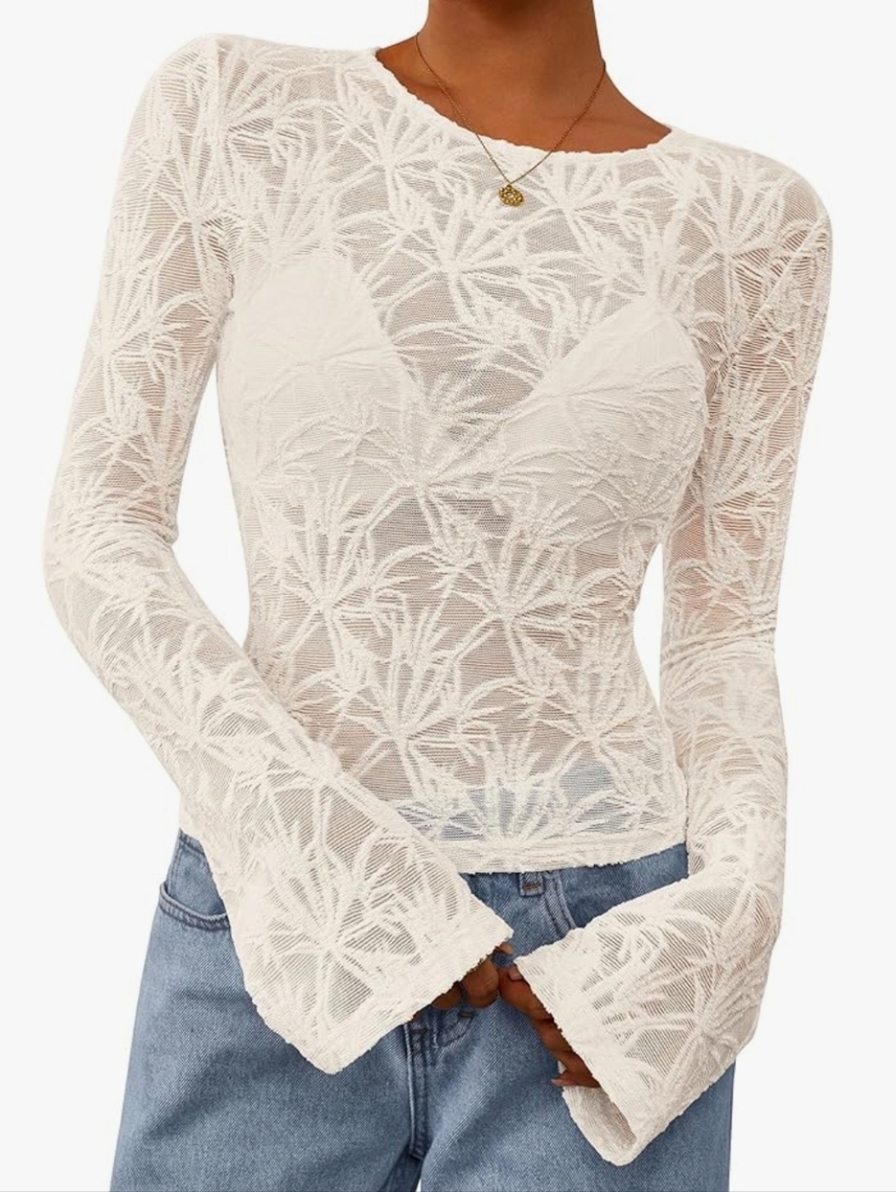 NEW! Sheer Lace Bell Sleeve Top (S-XL) - Picture 1 of 6